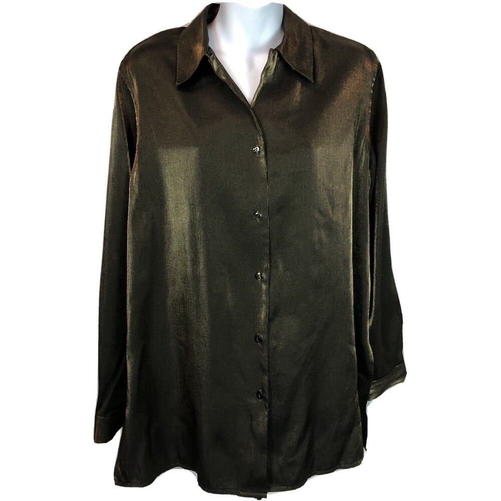 Vintage Top Blouse 8 Green Gold Sparkle Button Up Collar LongSleeve Dark Fairy